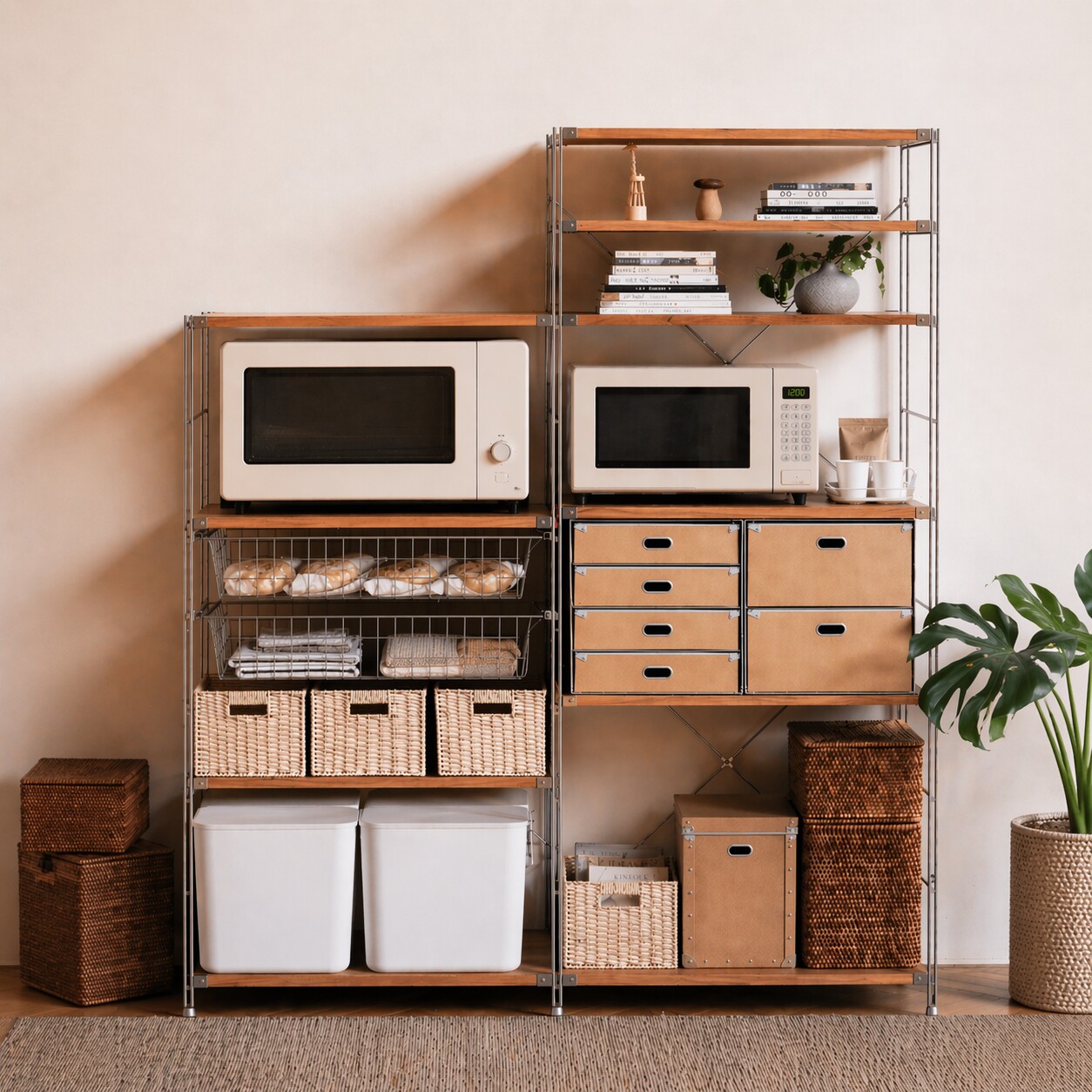 无即所有日式不锈钢实木置物架落地多层书架厨房微波炉收纳储物架