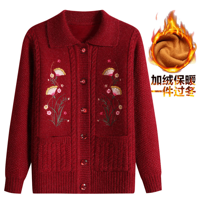 中老年针织衫秋冬款长袖刺绣上衣女加绒加厚保暖外套宽松毛衣大码