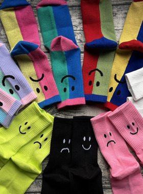 潮牌lazy oaf纯白色脚后织花哭笑脸表情纯棉可爱ins网红中筒袜子