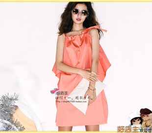 橙红 两侧有口袋 可调节肩带连衣裙 外单 气质 L号 简简单单