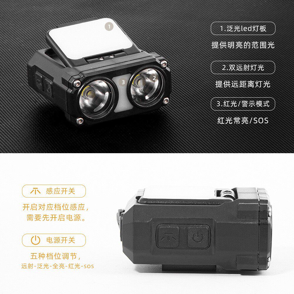 跨境新款多功能感应头灯USB自行车灯LED夹帽灯骑行手电筒钓鱼户外