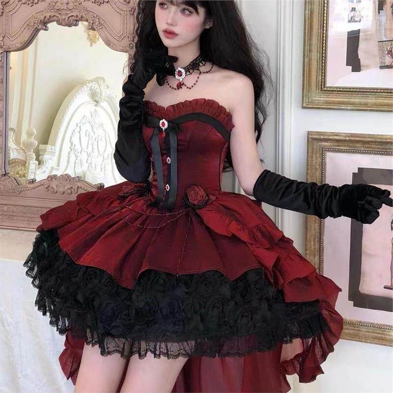 哥特风玫瑰红Lolita长裙晚礼服玫瑰花边纯欲女裙公主裙
