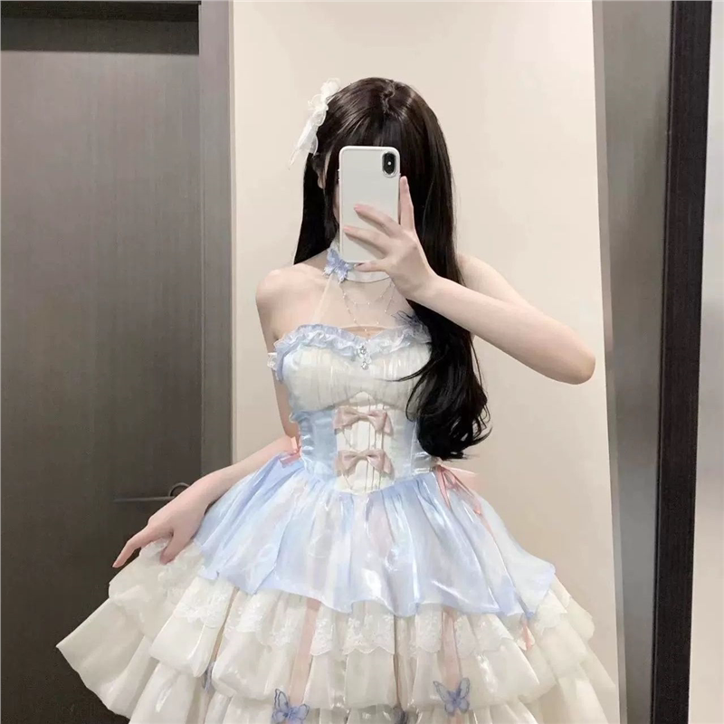 桔梗house爱神之约原创lolita公主风特纯欲风挂脖吊带短裙蓬蓬裙图片