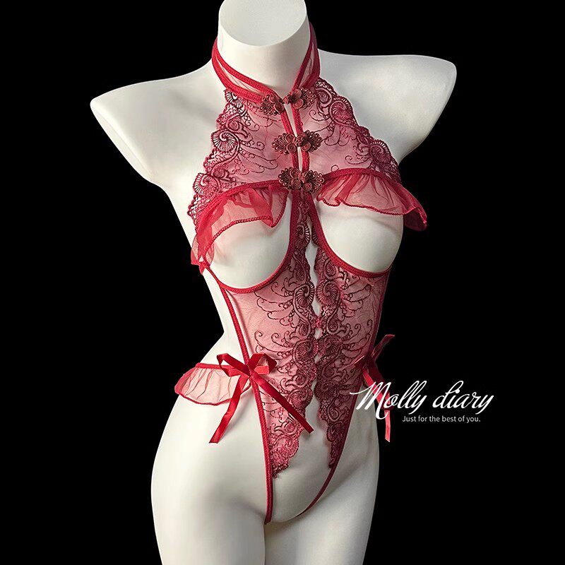 性感睡衣夏季冰丝蕾丝小胸透明吊带睡裙女古典旗袍连体免脱纯欲风