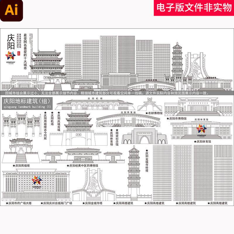 中国甘肃省庆阳市地标陇东庆阳地标建筑庆阳天际线庆阳剪影素材图