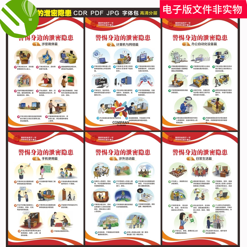 警惕身边的泄密隐患失泄密案保密宣传漫画图说保密法cdr素材模板