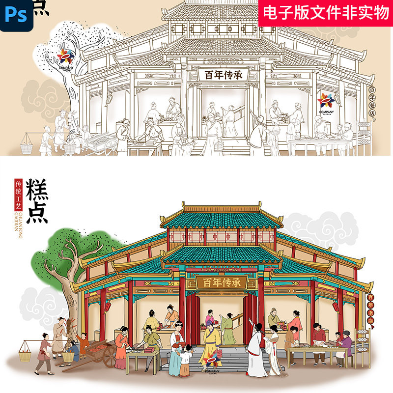 古代街市商业店铺插画古建筑传统工艺老北京老字号古代繁华商业图