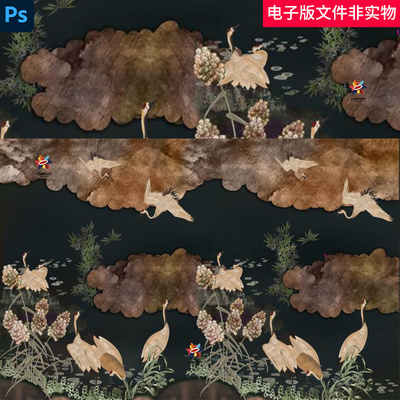 仙鹤湖泊装饰画山湖墅山与湖溪谷麓湖仙鹤湖泊抽象画印象画ps素材