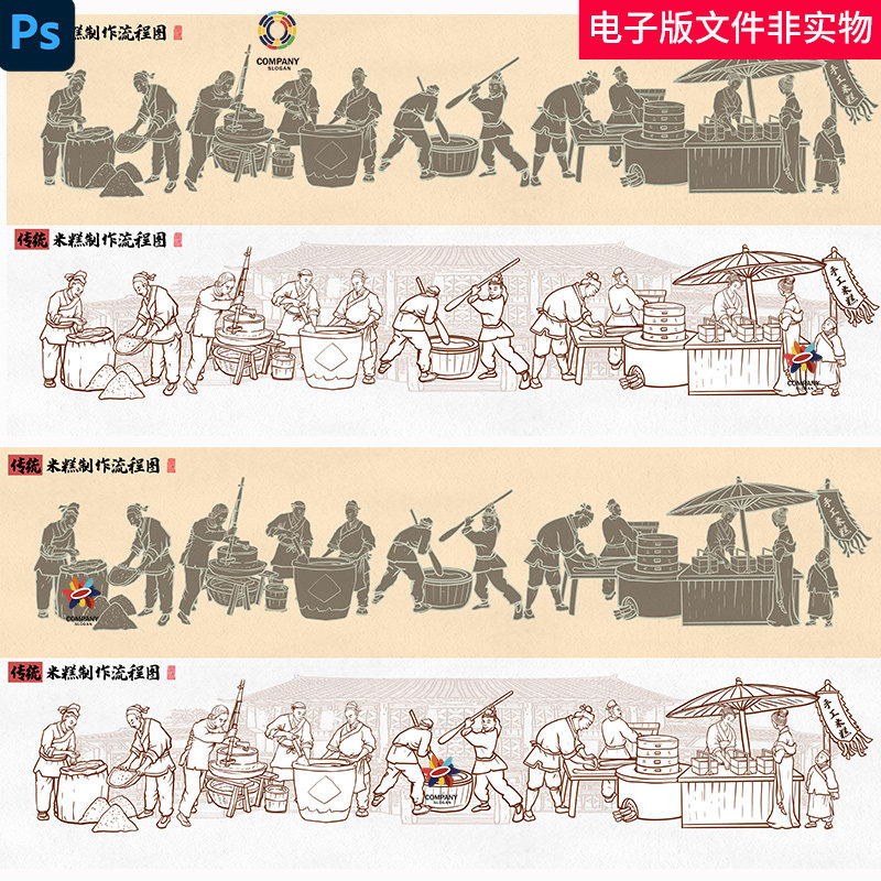 中华传统米糕制作流程线描图发糕糖糕粘糕制作流程街头美食素材图