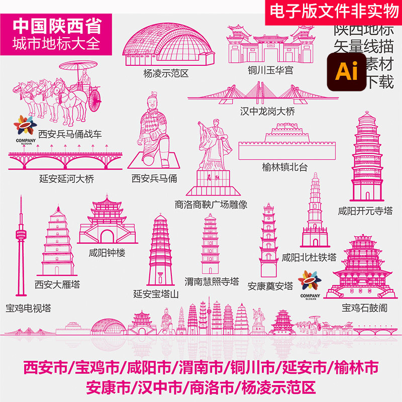 陕西省地标陕西标志性建筑陕西城市形象陕西省剪影陕西城市宣传ai