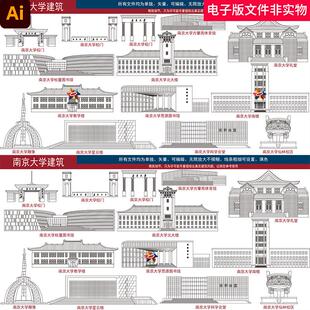 中国南京大学地标建筑南京大学剪影南京大学建筑线稿城市插画素材
