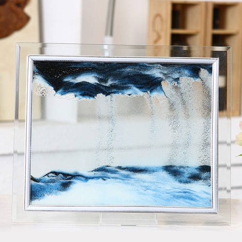 宫薰沙漏摆件3D山水画玻璃流沙画创意办公室装饰蓝色10寸长30*25c