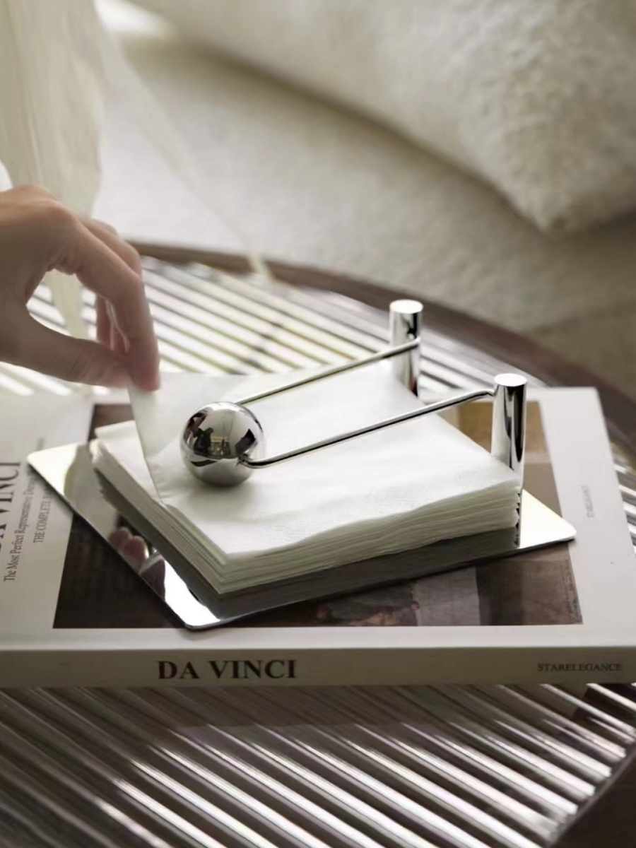 轻奢新中国风银色方餐巾架不锈钢压纸架小金花牙签盒