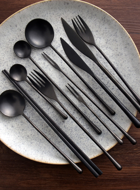 复古黑色创意304不锈钢西餐具套装牛排刀叉勺三件套咖啡勺水果叉
