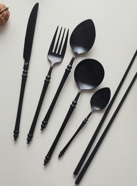 HOHER竹子系列 黑色304不锈钢牛排刀叉勺西餐具汤勺筷子套装