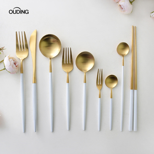 OUDING简洁白金刀叉 叉子长柄勺子牛排刀叉勺 不锈钢刀叉西餐餐具