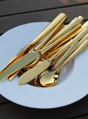 日式轻奢金色 JOMU创意锤纹手柄牛排刀叉勺西餐具水果叉咖啡勺