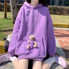 Real shot real price bear sweater loose Korean version autumn and winter new thickened Plush ins salt long sleeve women's wear