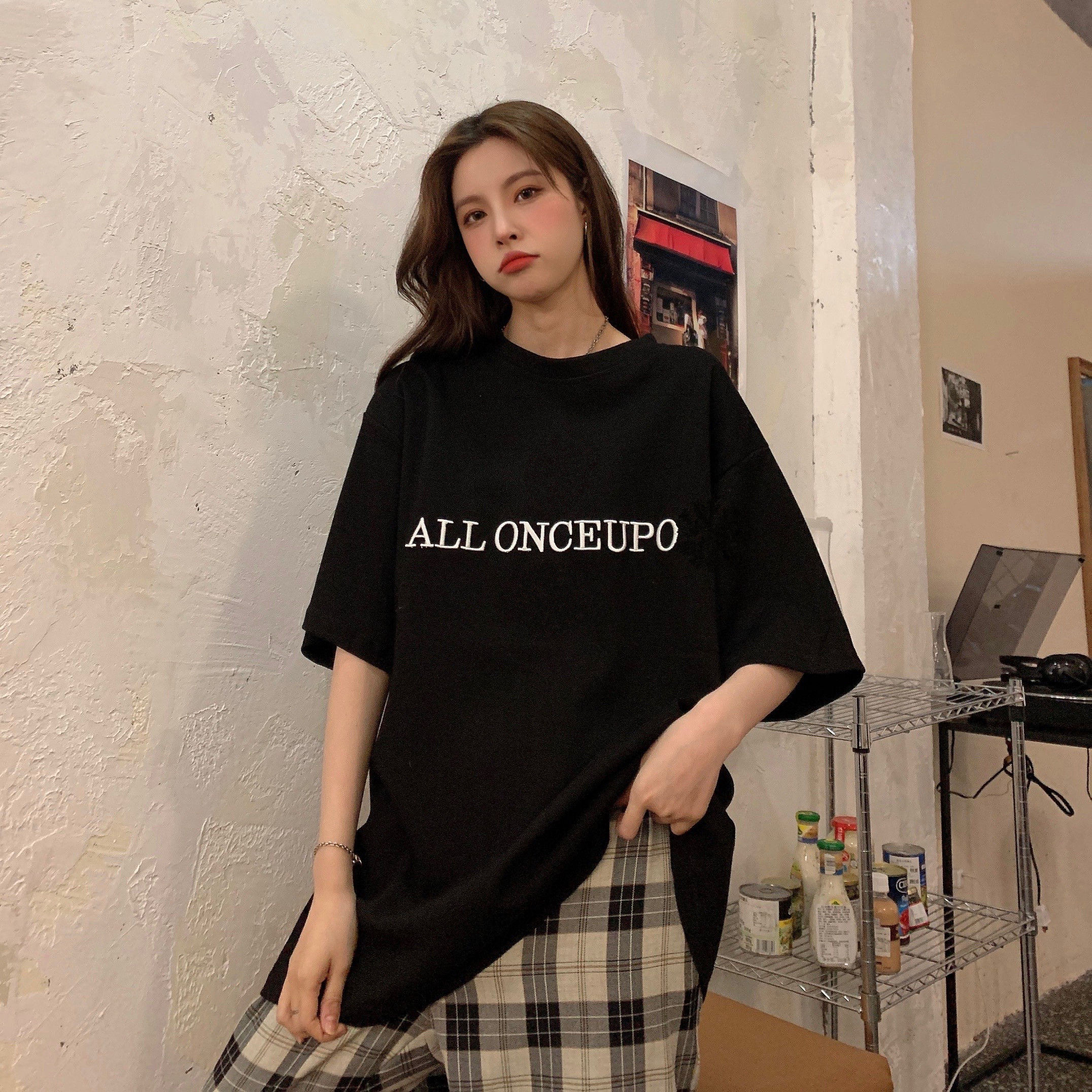 Real shot real price spring and summer new Korean women's loose casual versatile letter bottomed short sleeve T-shirt
