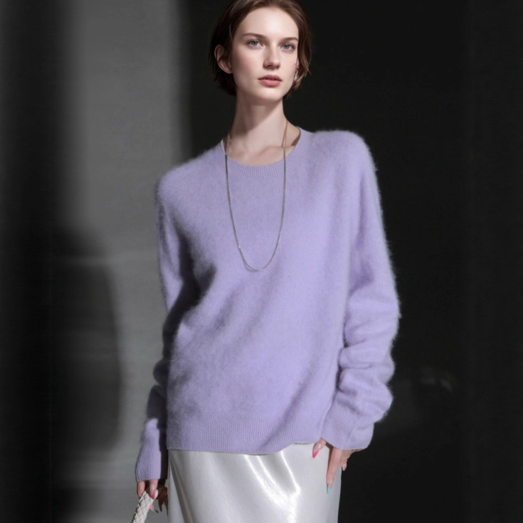 港米服饰/羊绒拉毛圆领无缝一体针织衫女欧美风宽松套头毛衣秋冬