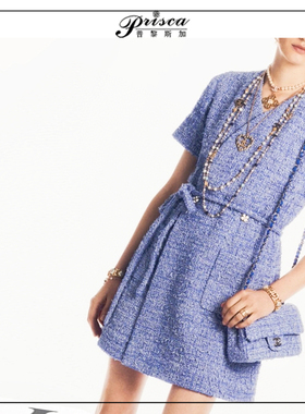 24SS春夏小香风V领短袖中长款外套式连衣裙子宝蓝色粗花呢设计感