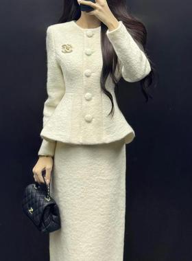PRISCA财阀大小姐秋冬白色羊毛气质优雅半身裙荷叶边外套时尚套装