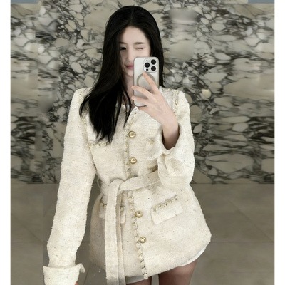 法式手工织带粗话呢小香风外套女2026新款春宽松慵懒系带上衣外套