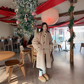 PRISCA 牛角扣羊羔毛羊剪绒大衣女牛角扣减龄皮草外套冬长款 加厚