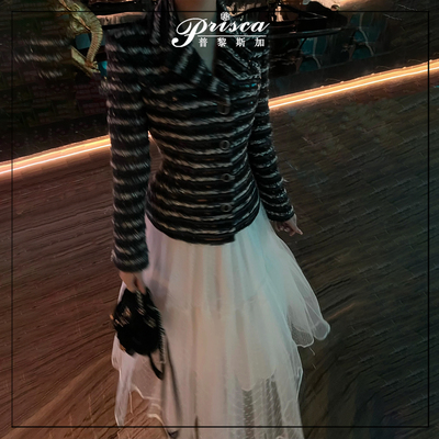 PRISCA 25春秋毛呢西装外套韩式小香风纱裙时尚套装气质名媛外套