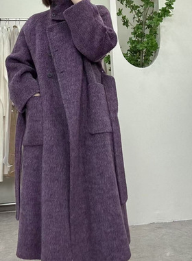 PRISCA羊驼葡紫色立领过膝加长款2025秋冬宽松系带双面羊绒大衣女