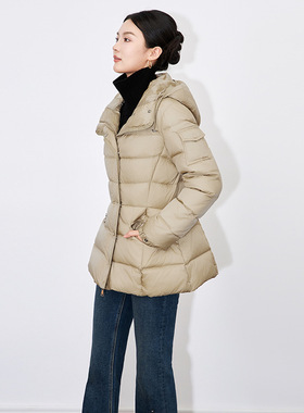 PRISCA 轻奢减龄90白鸭绒修身显瘦长袖连帽收腰短款羽绒服夹克女