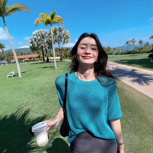 LICKYSENIOR 2025碎金流光针织衫女春装新款圆领五分袖套头上衣