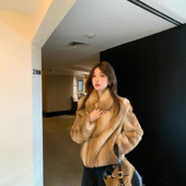 PRISCA 定染中古兔毛毛皮草外套女翻领短款 洋气2025秋冬大衣