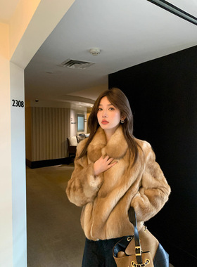 PRISCA 定染中古兔毛毛皮草外套女翻领短款洋气2025秋冬大衣