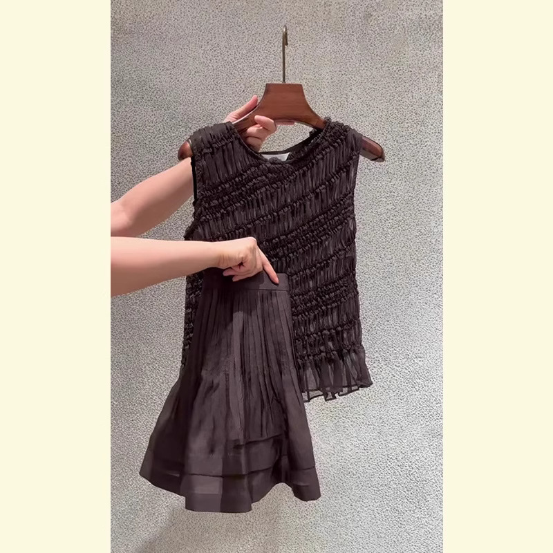 现货 波嬉风韩系慵懒chic休闲棕色泡泡压褶t恤上衣套装裙女夏季