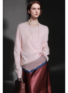 PRISCA /羊绒拉毛圆领无缝一体针织衫女欧美风宽松套头毛衣秋冬