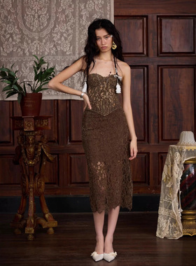 PRISCA/2025秋冬新款辣妹套装蕾丝鱼骨抹胸上衣半身裙性感两件套