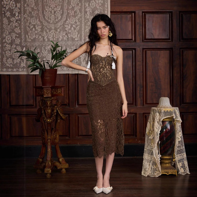 PRISCA/2025秋冬新款辣妹套装蕾丝鱼骨抹胸上衣半身裙性感两件套