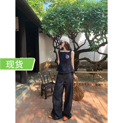 PRISCA/周美美 率性出街方领后背镂空绑带背心原色牛仔裤套装