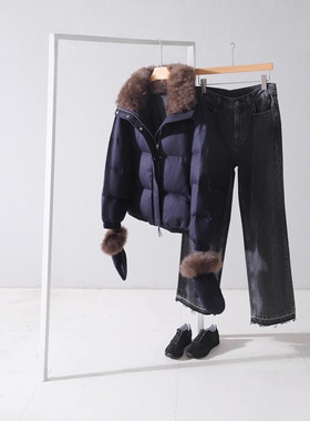 PRISCA/骆驼绒真丝加厚鹅绒服带手套可拆羊皮毛领宽松高领羽绒服