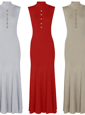 PRISCA高版本现货欧美夏季新款时尚针织亮丝修身显瘦无袖长连衣裙