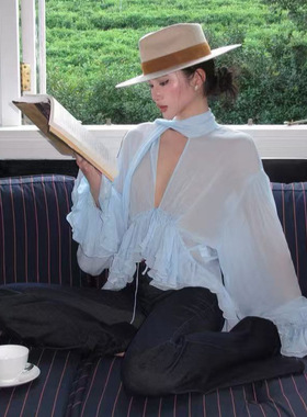 2026ss 蓝色荷叶边衬衫女秋季设计感宽松长袖透气深v领薄款上衣