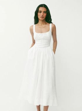 现货789夏季新款2024亚麻白色方领纯欲风度假风中长款法式连衣裙