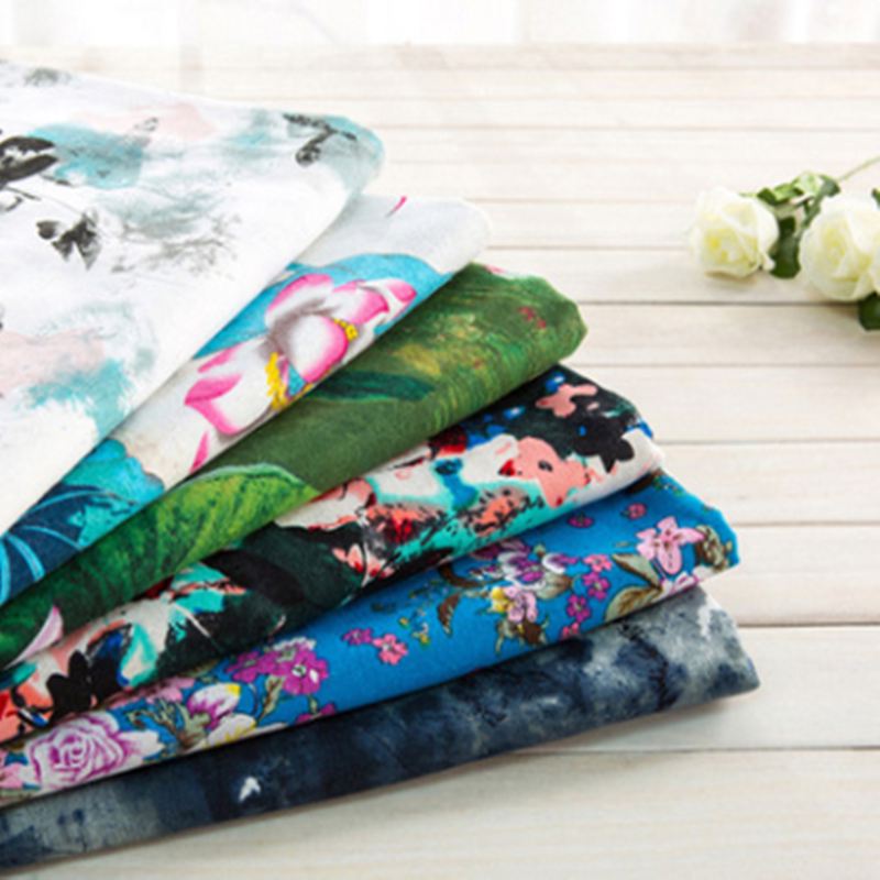 春秋季棉麻连衣裙布料 春夏服装布面料 水墨印花中国民族风荷花布