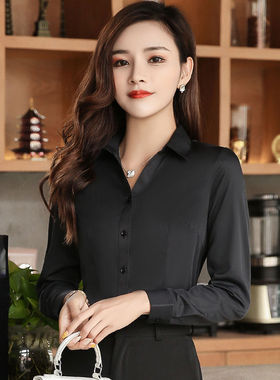 黑色长袖衬衫女职业衬衣春夏修身气质百搭工作服工装正装黑衬衣ol