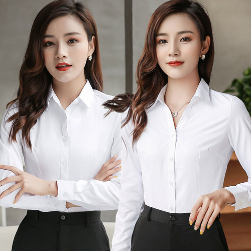 2026新款白衬衫女长袖短袖春夏秋工作服正装职业V领蓝色女装衬衣 - 封面