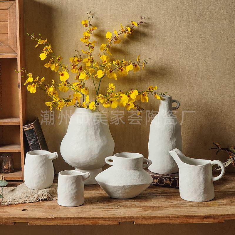 美家荟田园风素胚陶瓷花瓶高级感侘寂风花瓶大号插花软装摆件水培
