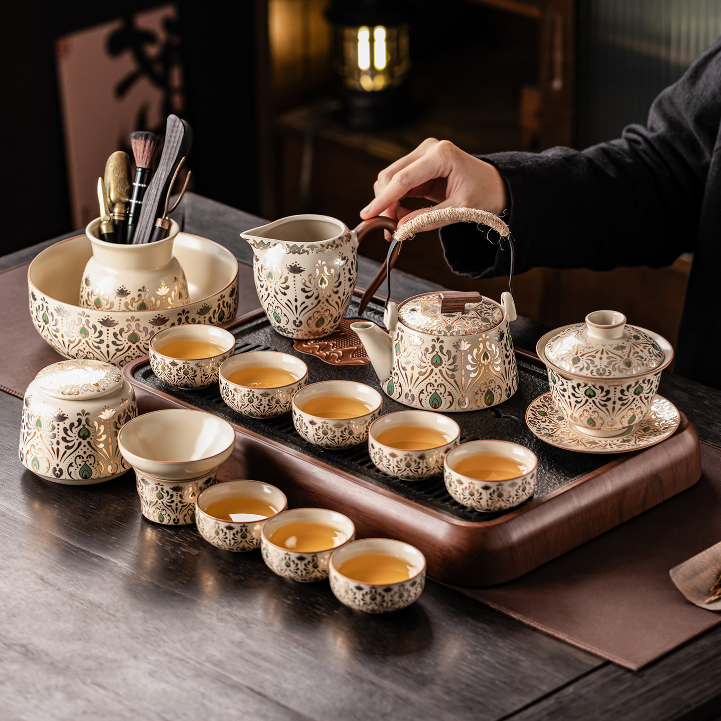 轻奢高档汝窑敦煌功夫茶具套装家用陶瓷泡茶壶茶杯干泡盘喝茶整套