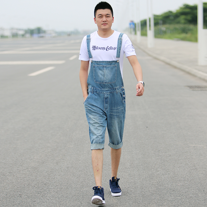 学生运动修身牛仔背带裤男式 韩版潮夏背带牛仔裤五分裤连体短裤