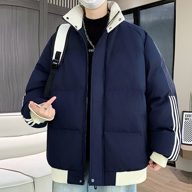 潮牌条纹棉衣男冬季2025新款条纹撞色百搭宽松休闲青少年棉服外套